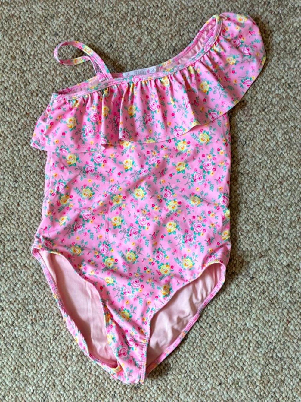Sunset Sky Girls Pink Floral Yellow Rose Swimsuit with Ruffle One Piece Size 12